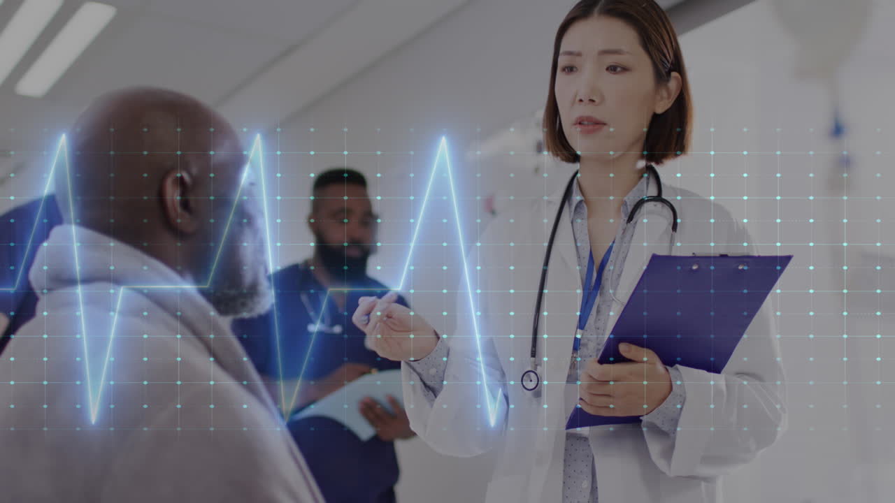 남성 환자와 함께 아시아 여성 의사에 대한 의료 데이터 처리 애니메이션