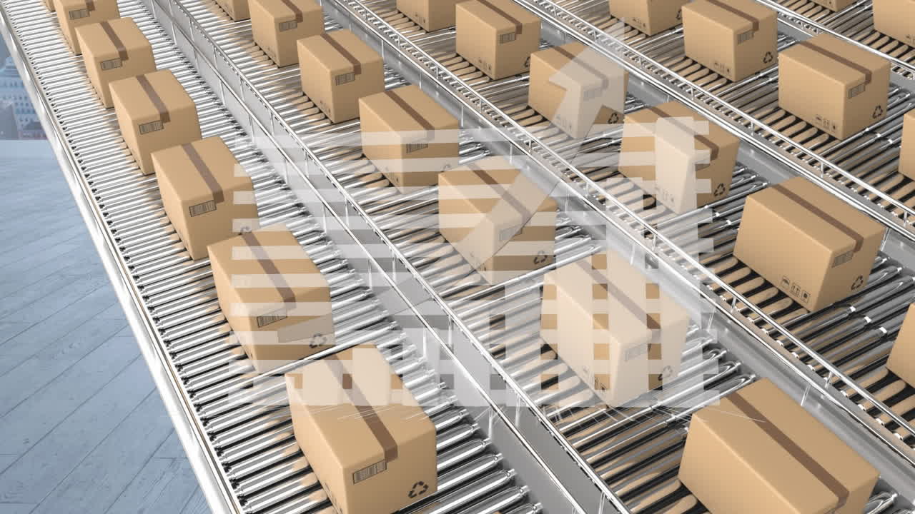 animación del procesamiento de estadísticas sobre cajas de cartón en cintas transportadoras
