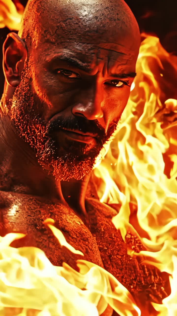 A man is standing in front of a fire with his arms spread out. The fire is orange and the man is wearing a black shirt