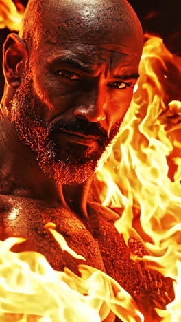 a man is standing in front of a fire with his arms spread out. the fire is orange and the man is wearing a black shirt