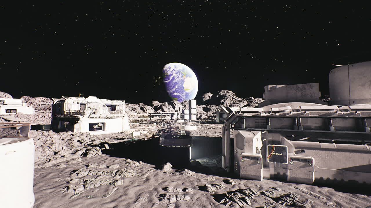 Visão geral da construção lunar, vista da Terra com instalações de manutenção