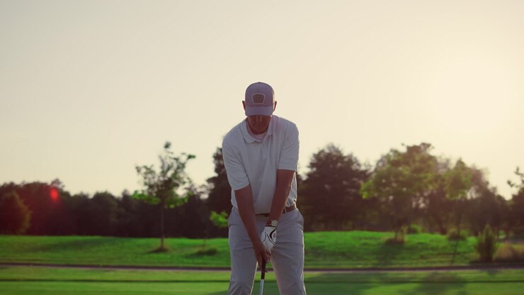 Golf player teeing club putter on sport training. Rich man on luxury vacation.