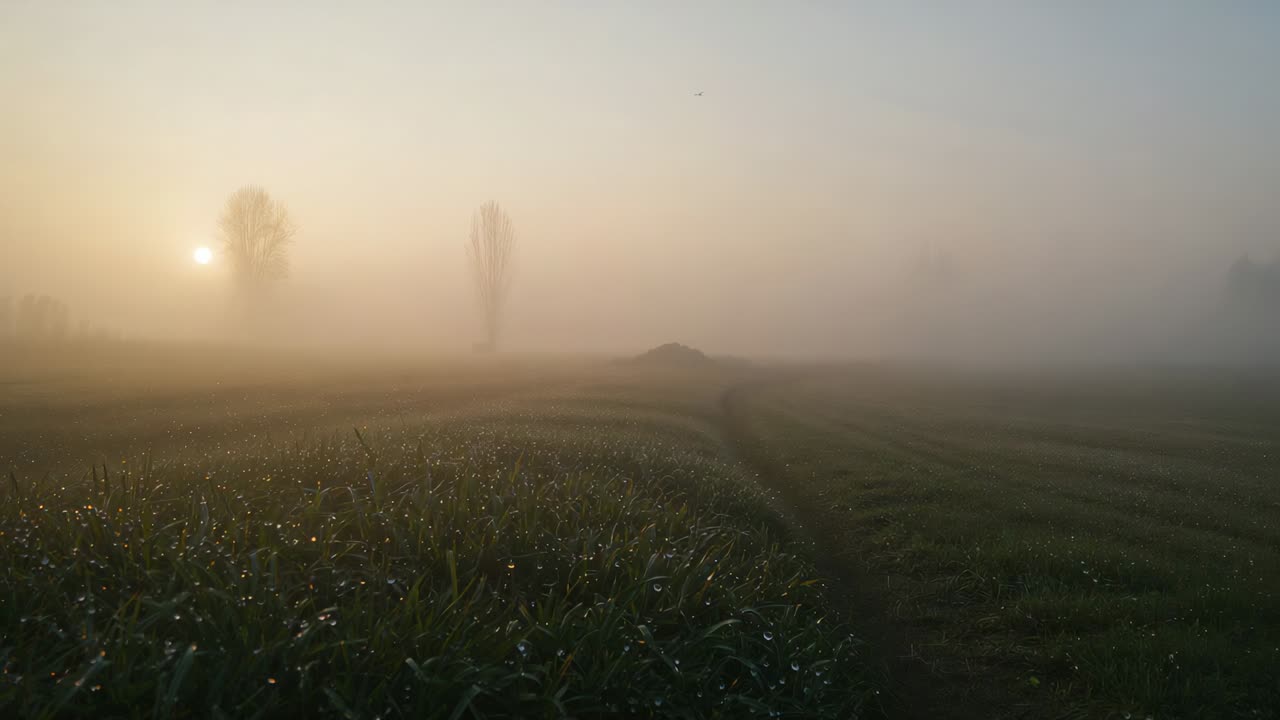 Sun brightening left sky, warming dew-covered grass and central furrow in rural field, mist lifting