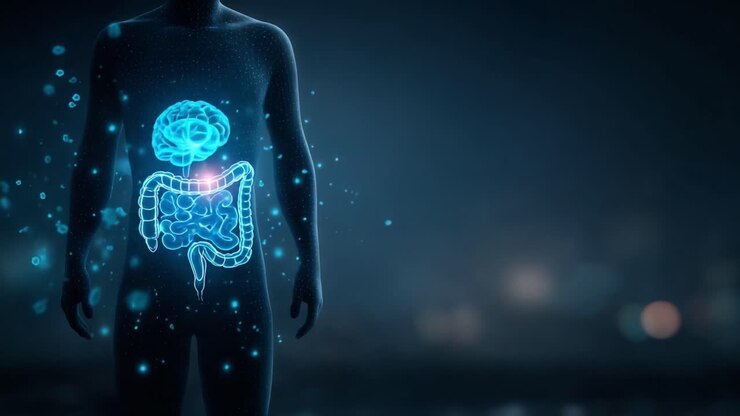 A Mystical Representation of the Human Body Featuring an Integrated Holographic Visualization of the Brain and Digestive System, Symbolizing Internal Connections and Functionality