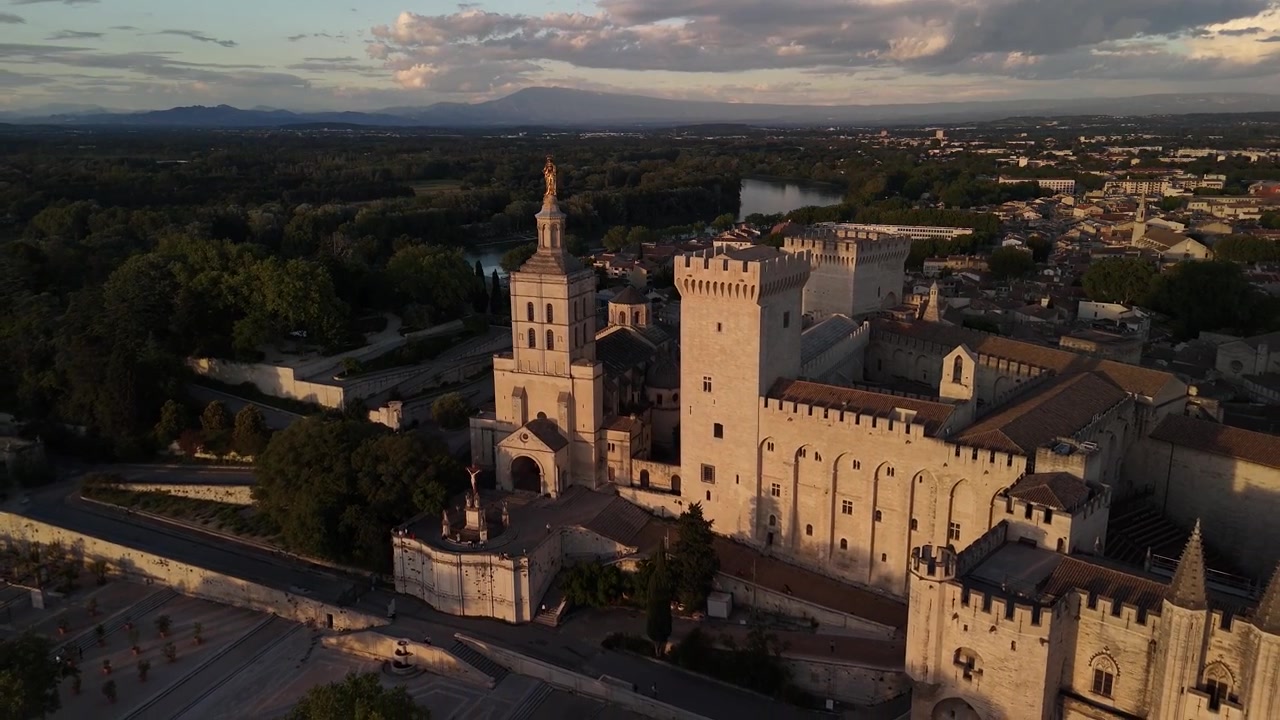 Virgin Mary statue bell tower Cathédrale Notre-Dame des Doms in Avignon, France aerial drone