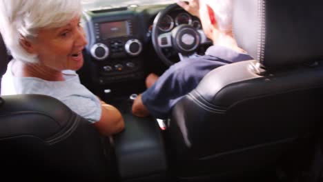 joven viajando en la parte trasera de un coche con los abuelos