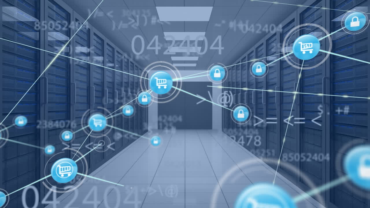 Animation of network of digital icons and changing numbers against computer server room