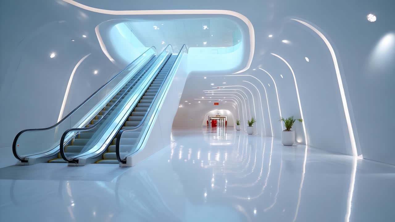 A Stunning View of a Modern and Sleek Interior Space Featuring Dynamic Escalators Surrounded by Glossy Surfaces, Curved Architecture, and Bright Ambient Lighting, Highlighting Contemporary Design Trends