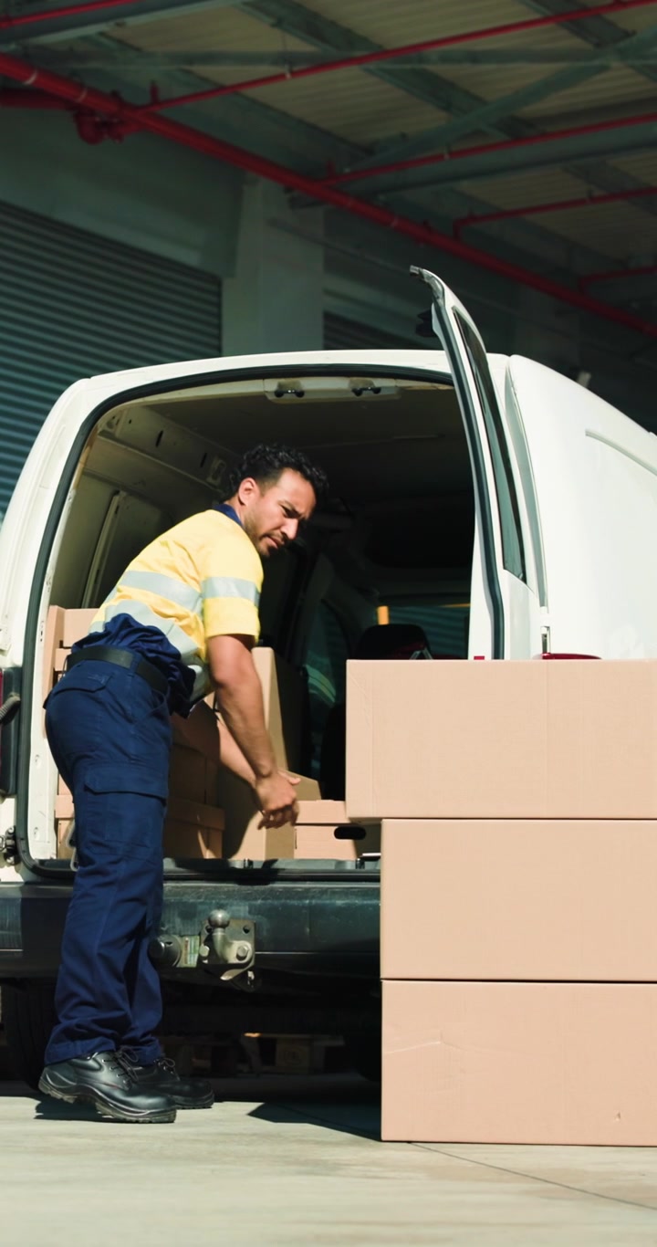 Delivery Driver Loading Cardboard Boxes into a Van