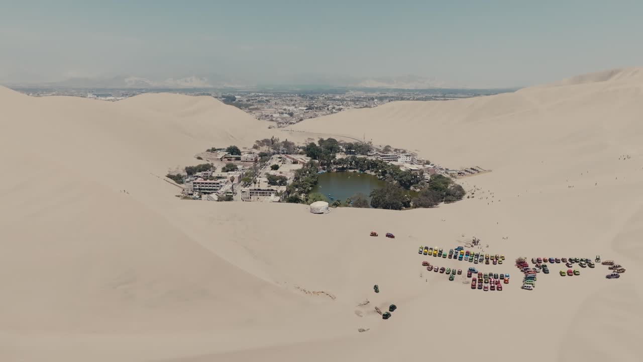 Huacachina Oasis At Ica Desert With Hotels In Peru. - aerial shot