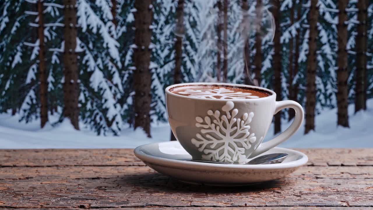 Warm coffee cup with snowflake design on rustic table, steaming in a snowy forest