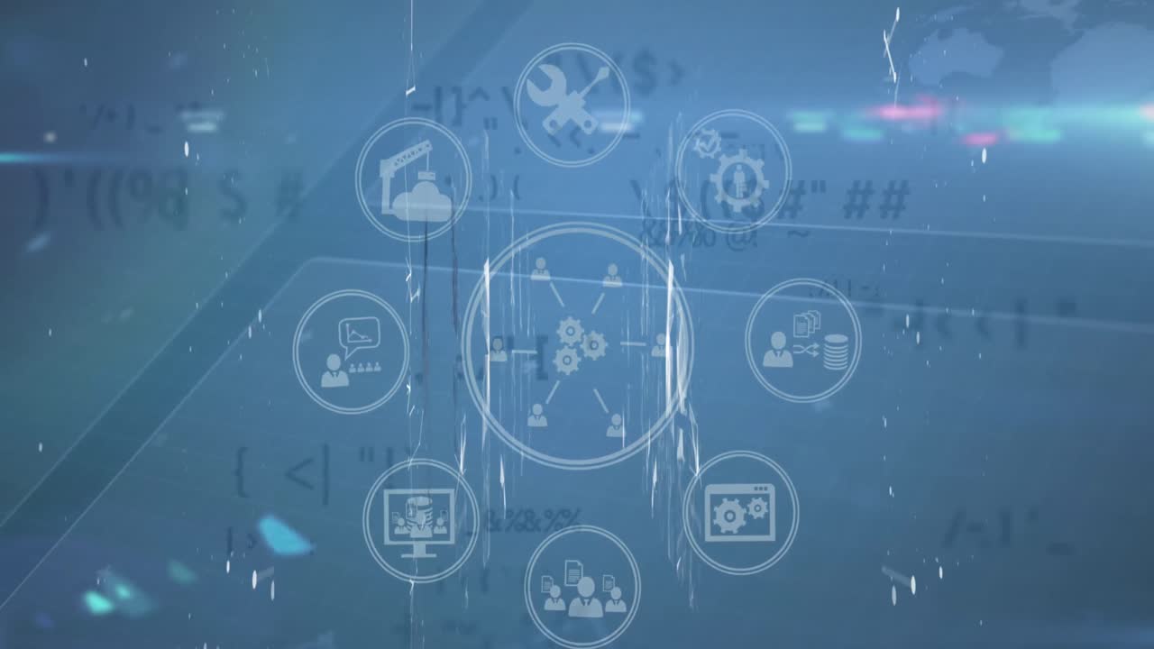 데이터 처리에서 비즈니스, 건설 및 데이터 공유 아이콘과 인터페이스의 애니메이션