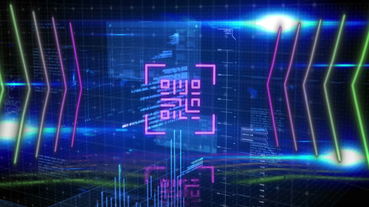 Digital animation of neon qr code and glowing lines over spots of light and data processing