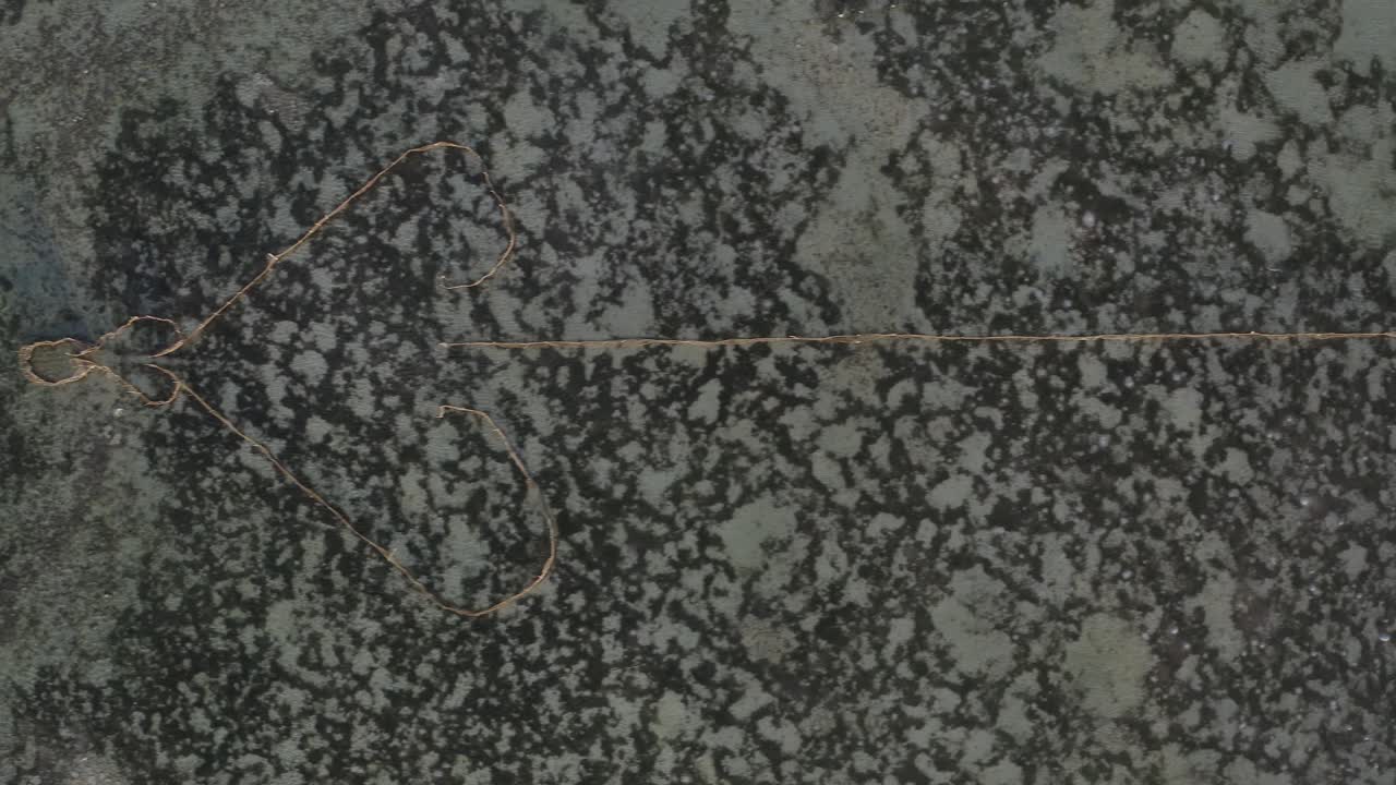 toma aérea de arriba hacia abajo que se desplaza de derecha a izquierda sobre una larga estructura de pesca en forma de flecha en un arrecife poco profundo en tonga