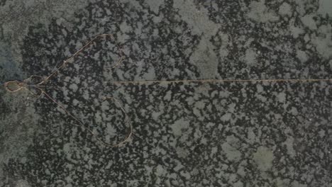 Top-down-aerial-shot-panning-right-to-left-over-a-long-arrow-shaped-fishing-structure-on-a-shallow-reef-in-Tonga