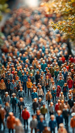 crowd of miniature figures walking through a lively city street