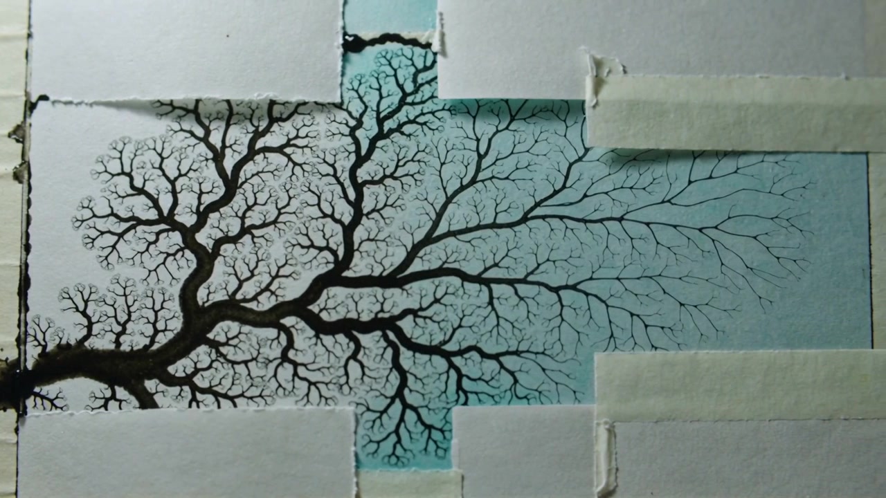 Growing black fractal from left edge across taped coated paper, showing blue-green wash over frames