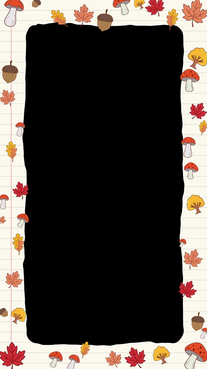 Lined notebook paper frame decorated with falling autumn leaves, acorns, and mushrooms around copy space.