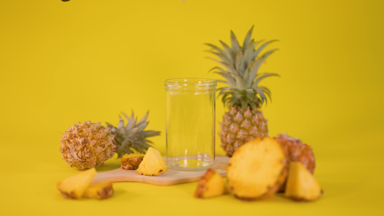 Pineapple smoothie poured into glass, surrounded by fresh fruit, on vibrant yellow background, static shot