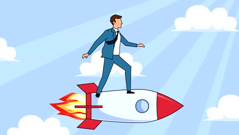 flat cartoon businessman character  fly on rocket startup concept animation