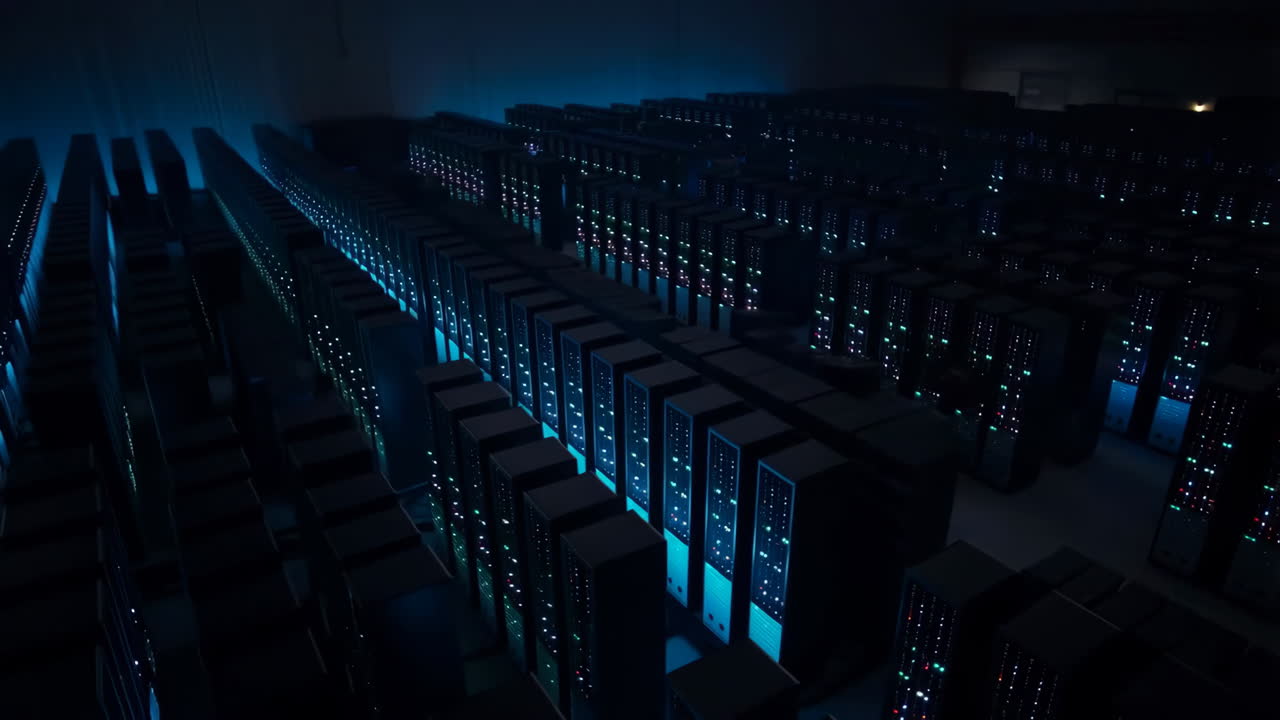 A large data center with rows of server racks illuminated by glowing lights