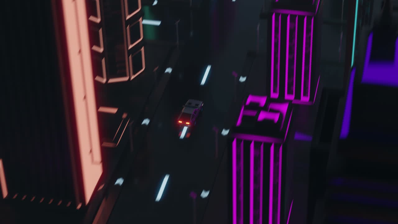 Animazione di un'auto che guida in una città illuminata al neon, sfondo notturno.