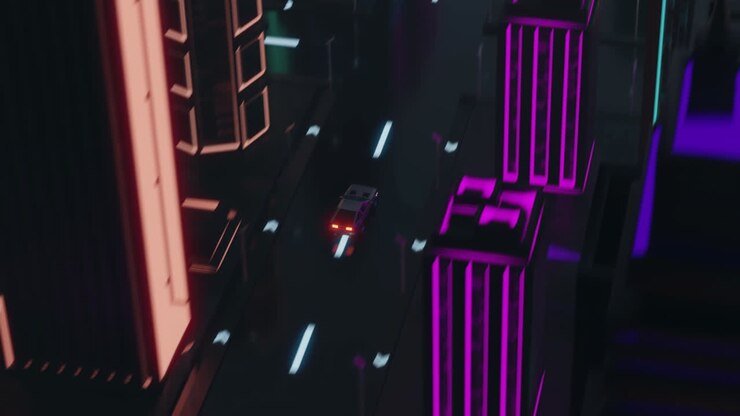 Animation of car driving in neon lit city at night background