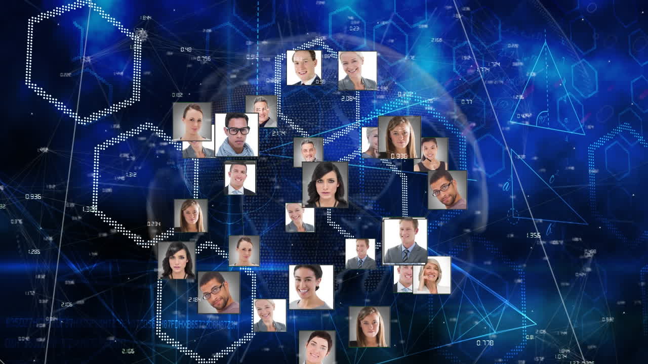 globo de iconos de perfil girando contra formas hexagonales y rastros de luz sobre fondo azul