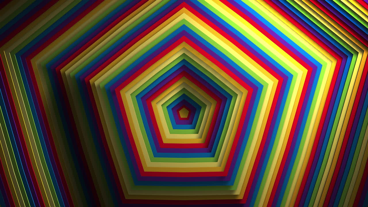 Animazione di pentagoni color arcobaleno in movimento in loop continuo.