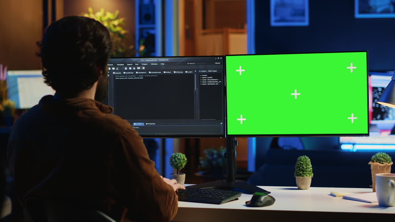 Software programmer writing lines of code on chroma key computer at home
