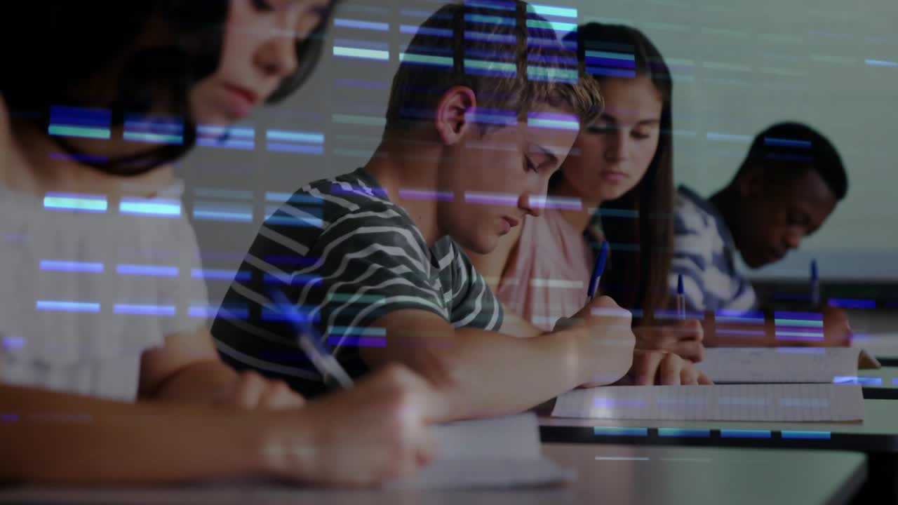 Camera pulling back revealing students writing notebooks during class with blue purple glitch lines