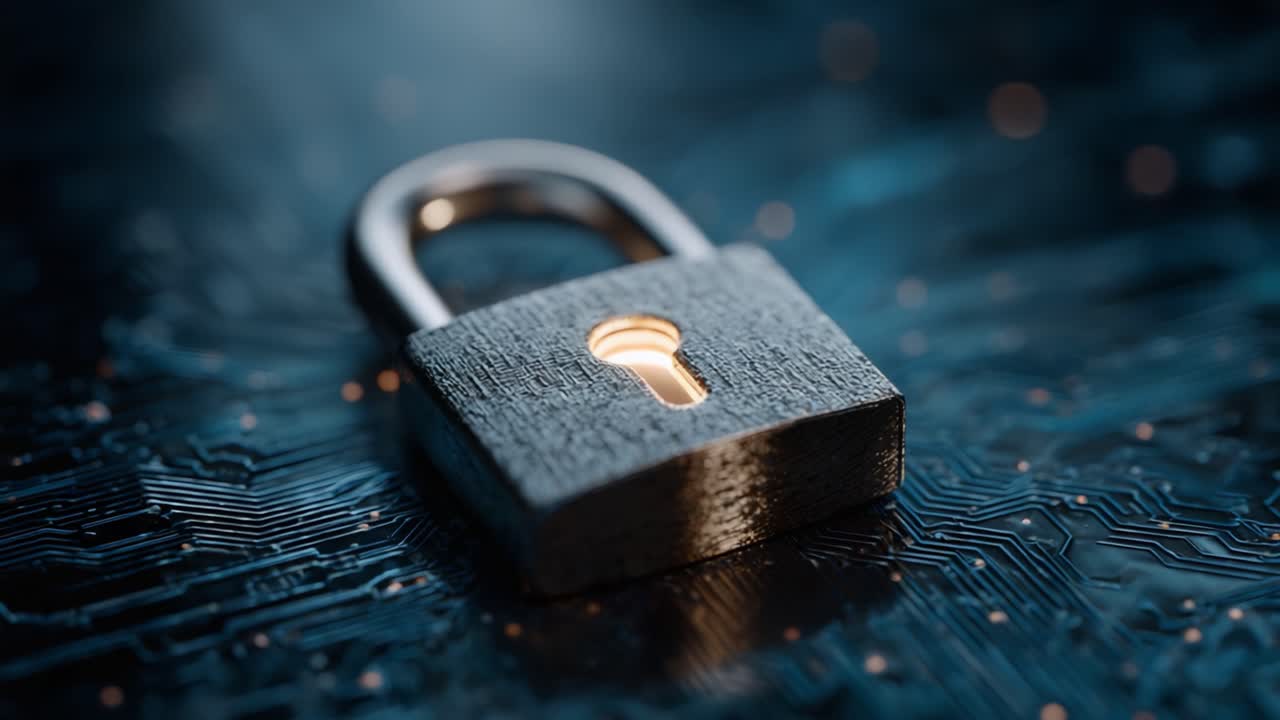 A close-up view of a metallic padlock illuminated by soft light, symbolizing security and protection against digital threats on a circuit board background