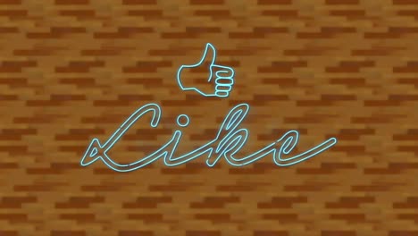 animación de texto de neón azul, como, y el pulgar hacia arriba en el fondo de la pared de ladrillo digotal