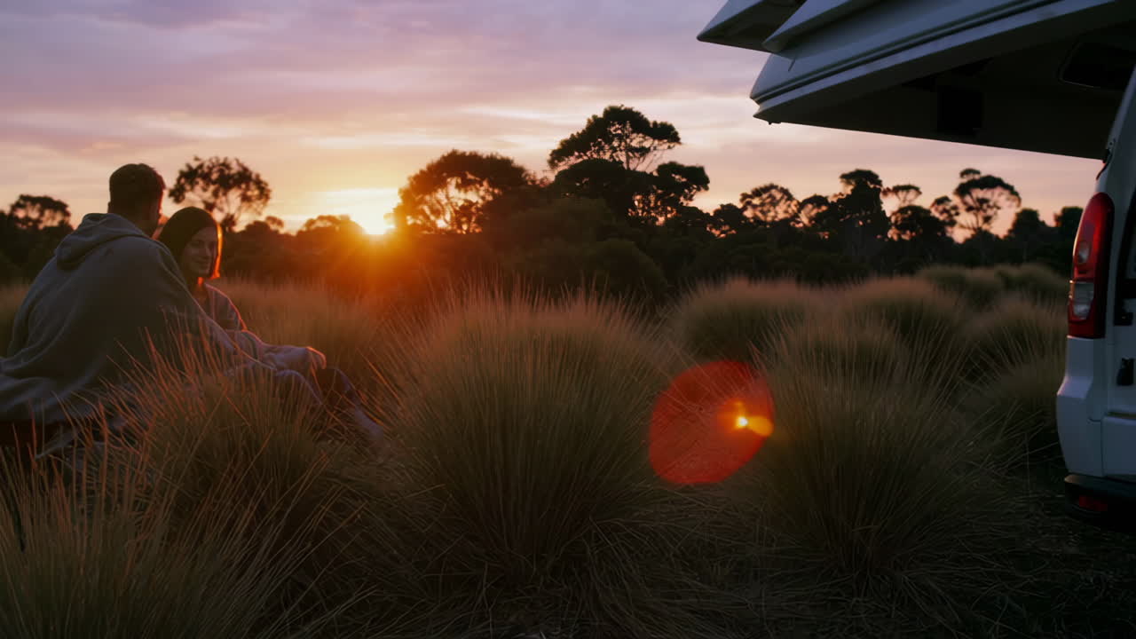 Couple enjoying a sunrise by a campervan
