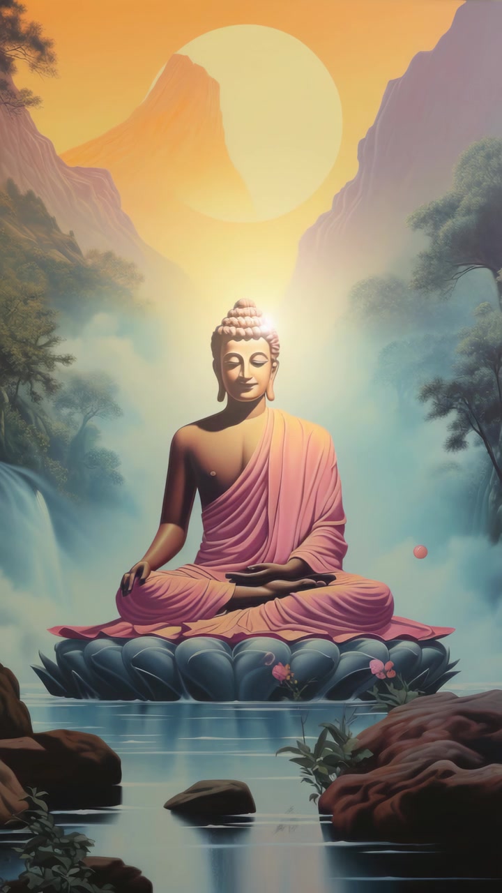 Buddha in meditazione su un fiore di loto in un paesaggio sereno