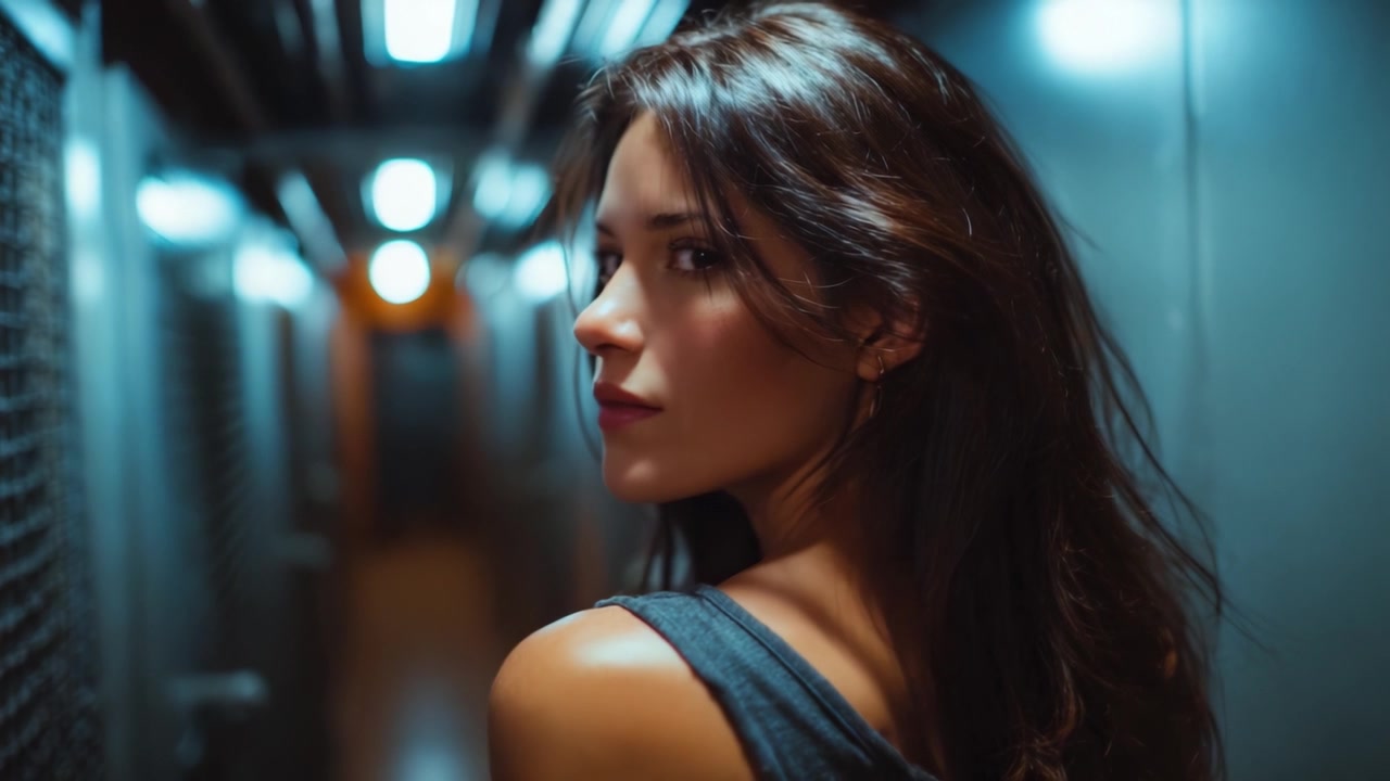 A contemplative woman pauses in a dimly lit corridor, the glow of blue lights highlighting her features as she glances over her shoulder with a soft yet bold expression.