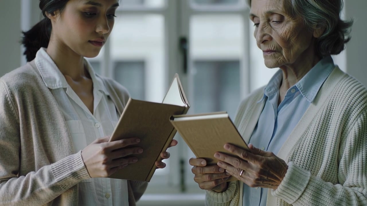 Opening books after brief glance, two women wearing light cardigan sharing brown hardcover at home