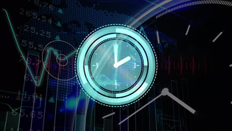 animación del reloj y el mercado de valores a través del procesamiento de datos y el mapa del mundo.