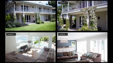 composite of views from four security cameras ishowing family home exterior and living room