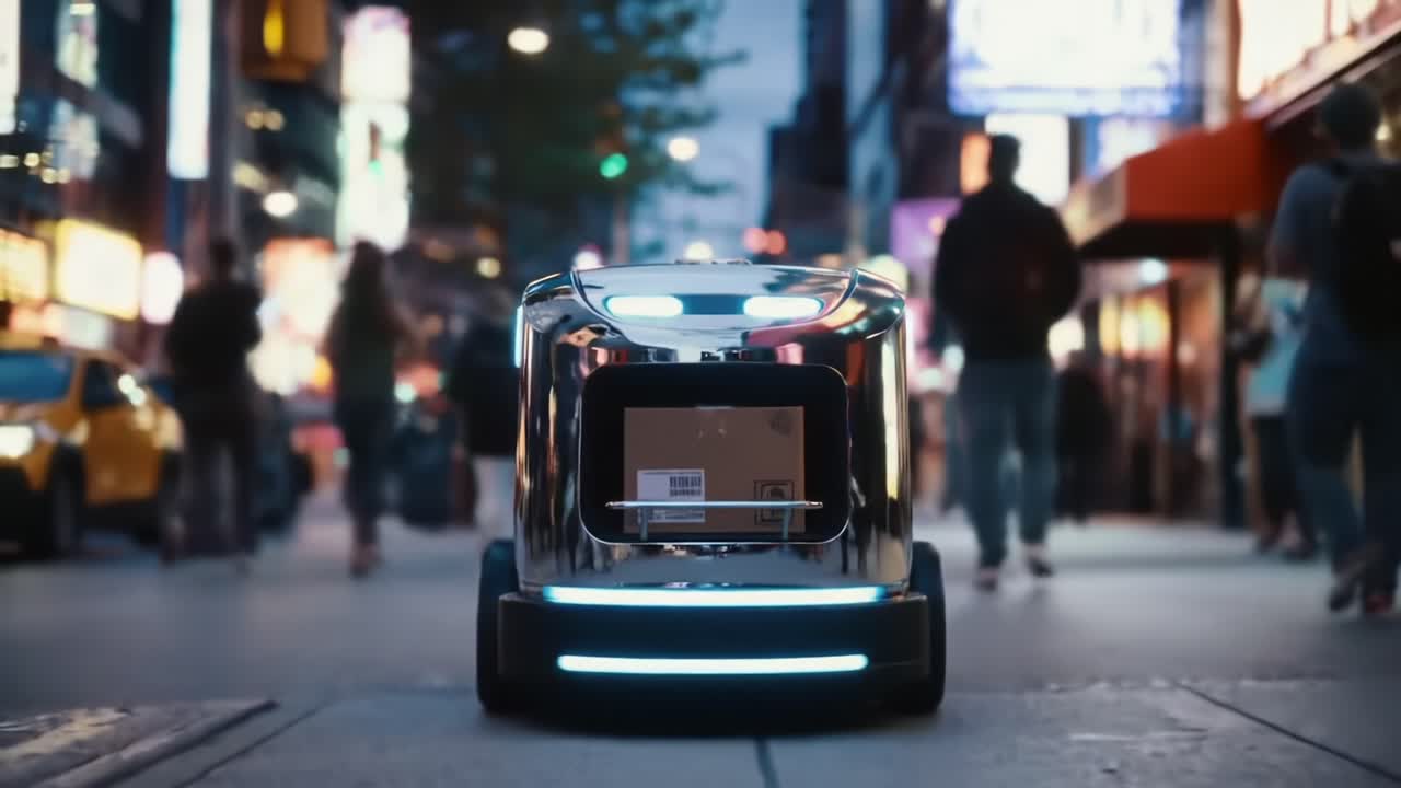 A Futuristic Delivery Robot Glides Through a Bustling City Street, Illuminated by Neon Lights and Cheered by Passersby, Showcasing the Future of Urban Logistics and Convenience