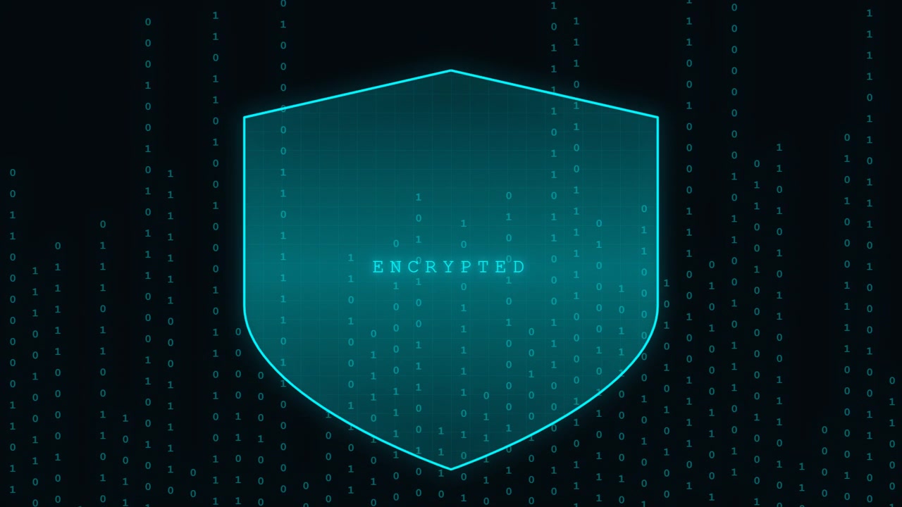 Digital Shield Icon with Binary Code and Encrypted Text