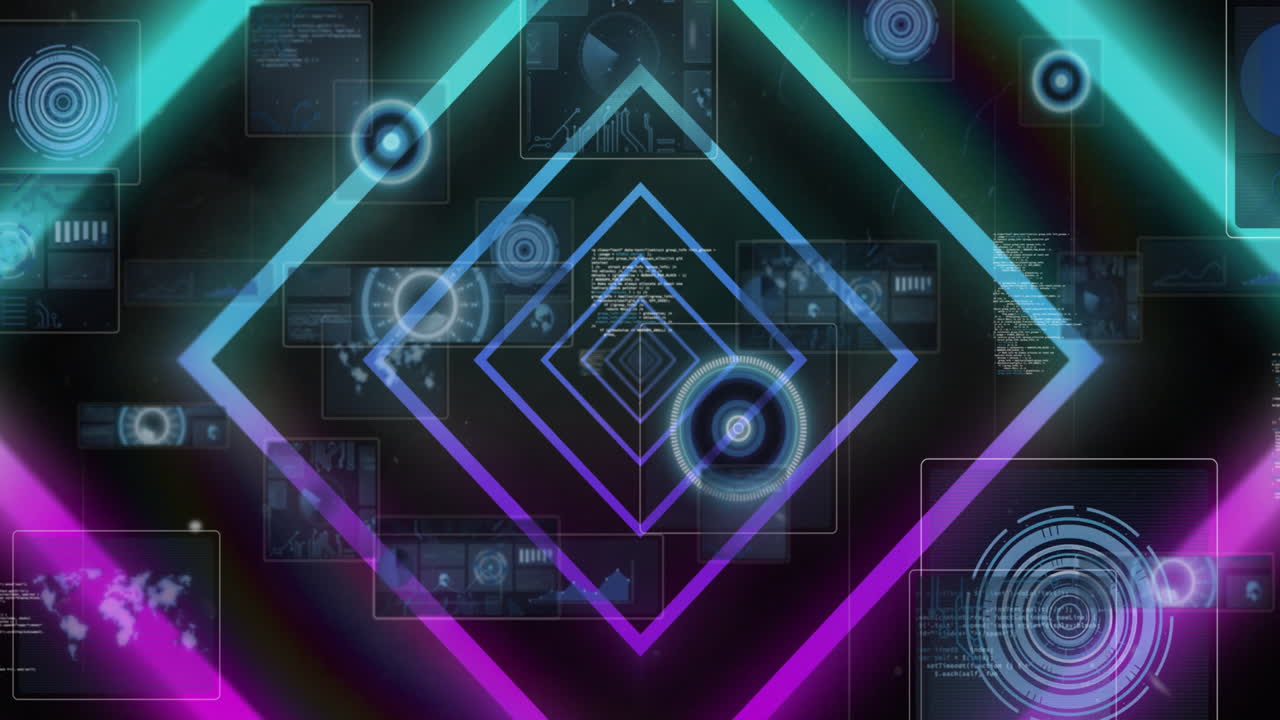 검은색 배경에 데이터 처리를 통해 네온 모양의 애니메이션