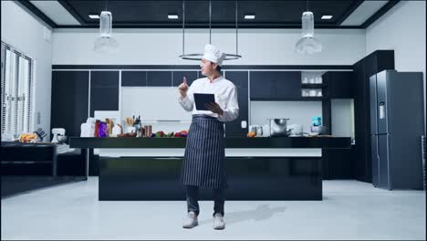 cuerpo lleno de cocinero hombre asiático usando una tableta y apuntando a un lado mientras está de pie en la cocina de casa