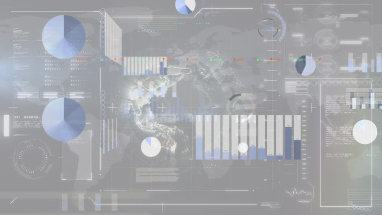Animation of multiple graphs, loading bars and circles over globe against abstract background