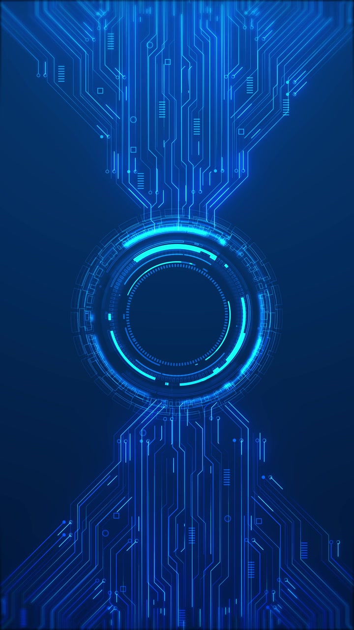 Sfondo interfaccia circuito HUD circolare blu con anello cibernetico luminoso e percorsi elettronici
