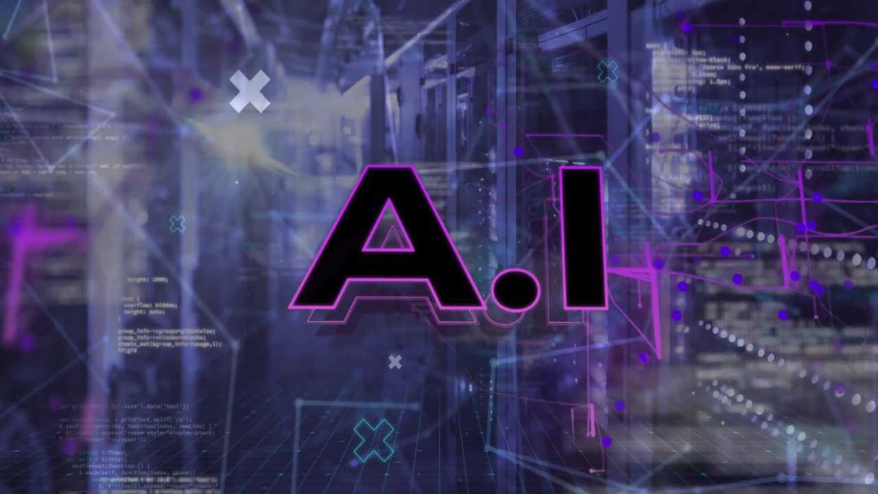 Animation of ai text banner, purple light trails and data processing against computer server room