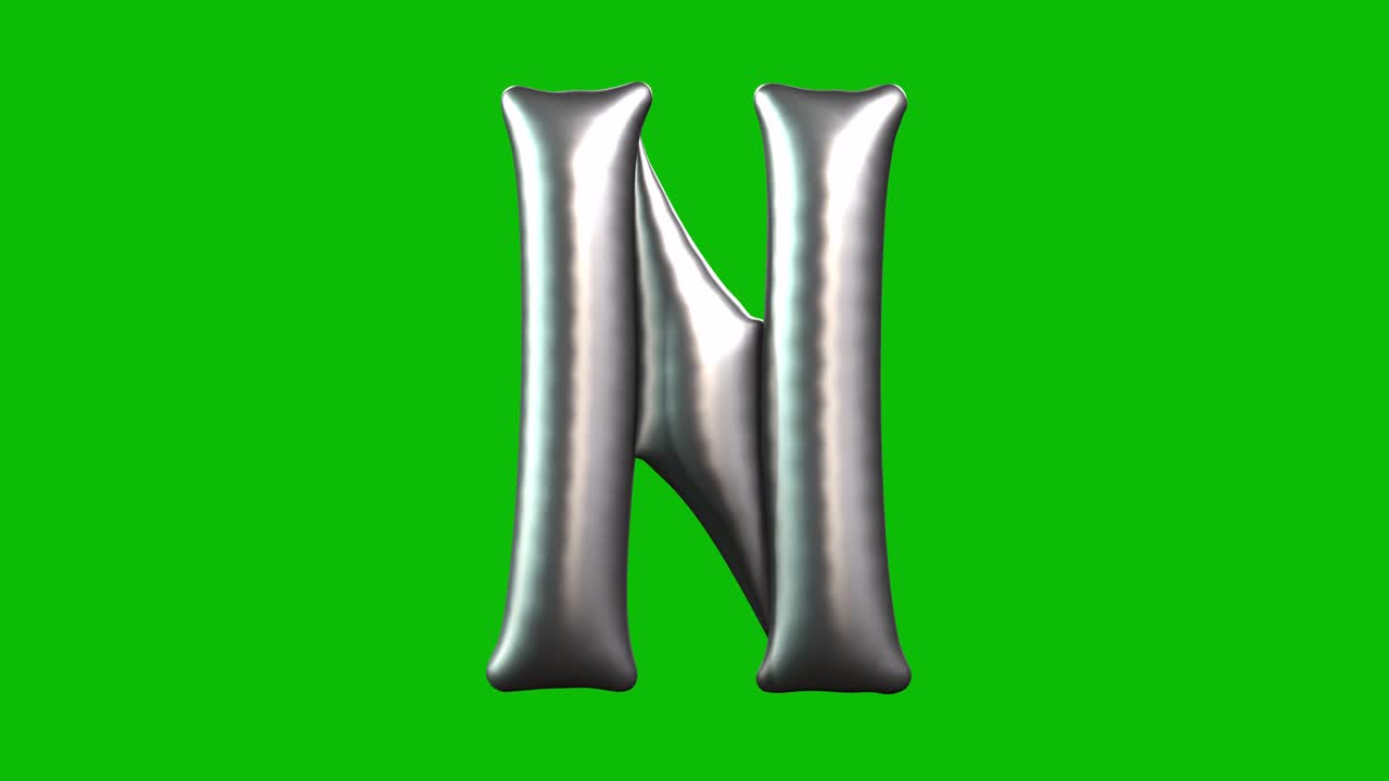 Silver Foil balloon letter N inflates, spins, and reveals on green screen in 3D animation. Ideal for celebrations, parties, birthdays, and video editing projects