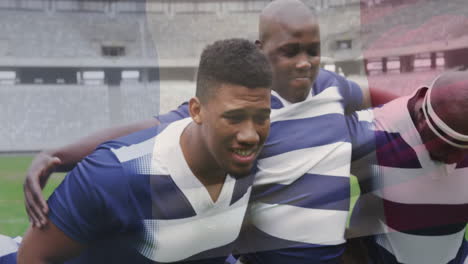 Animación-De-La-Bandera-De-Francia-Sobre-Diversos-Jugadores-De-Rugby-Masculinos-En-El-Campo-De-Rugby.