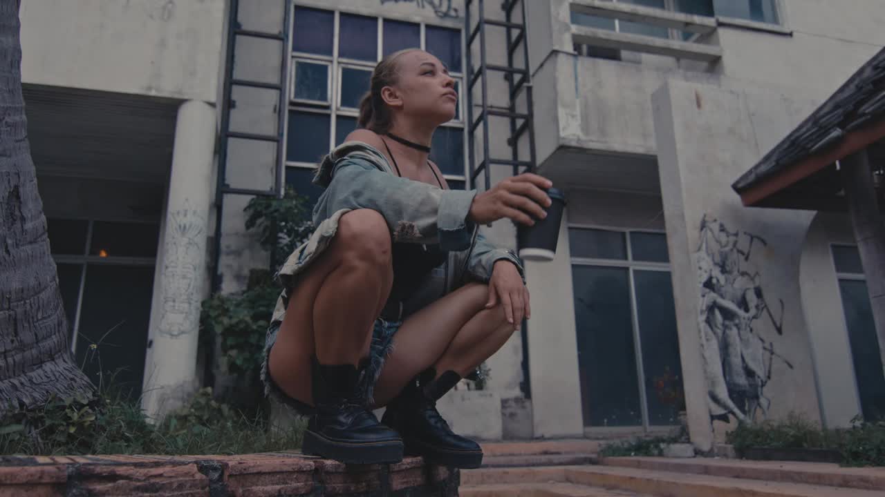 Ragazza in stile urbano con caffè