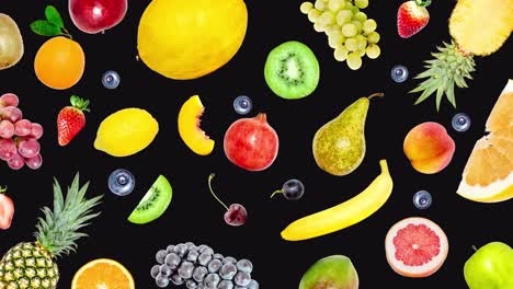 creative 4k stop motion video animation of many different exotic tropical bright fruits that quickly appear on a black background and disappear. view from above. seamless loop.